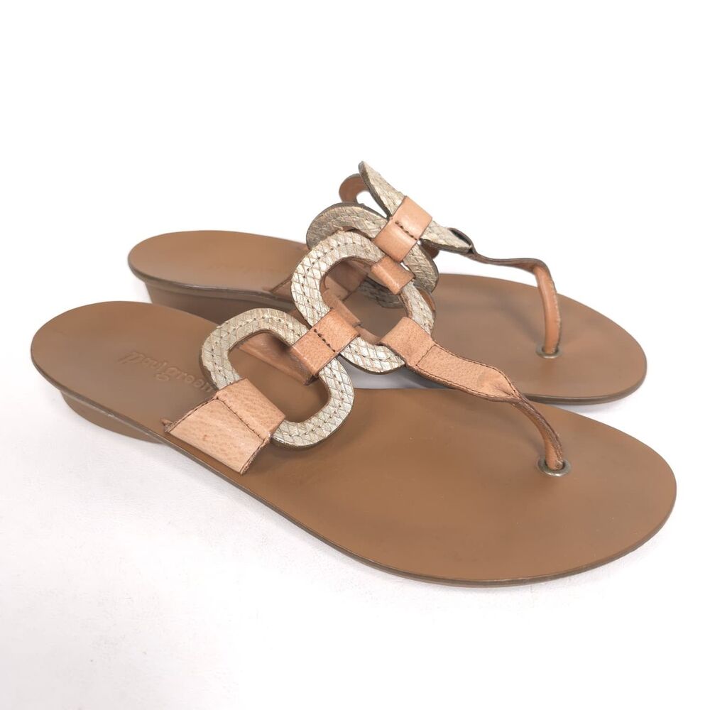 PAUL GREEN Women's Sandals US 9 UK 6.5 Metallic Ring Thong Tan Boho Resort